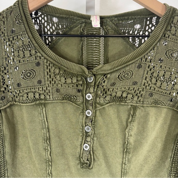 Free People Stitch Lace Long Sleeve Henley Top Size Small Olive Green - Picture 3 of 7